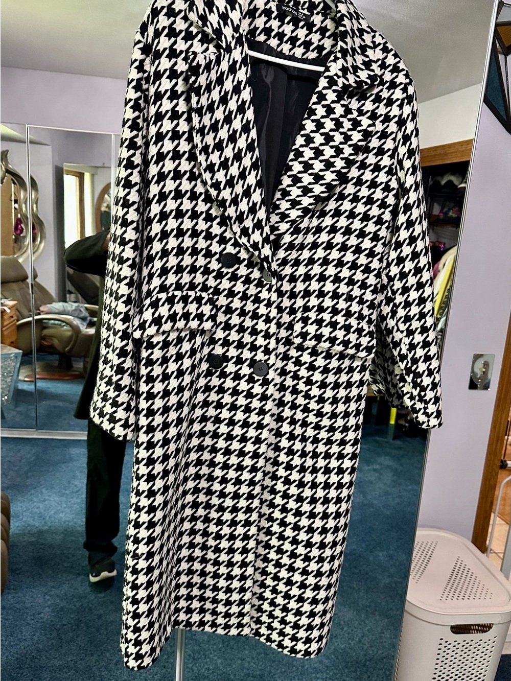 Boohoo Black & White Houndstooth Double-Breasted Pea Coat